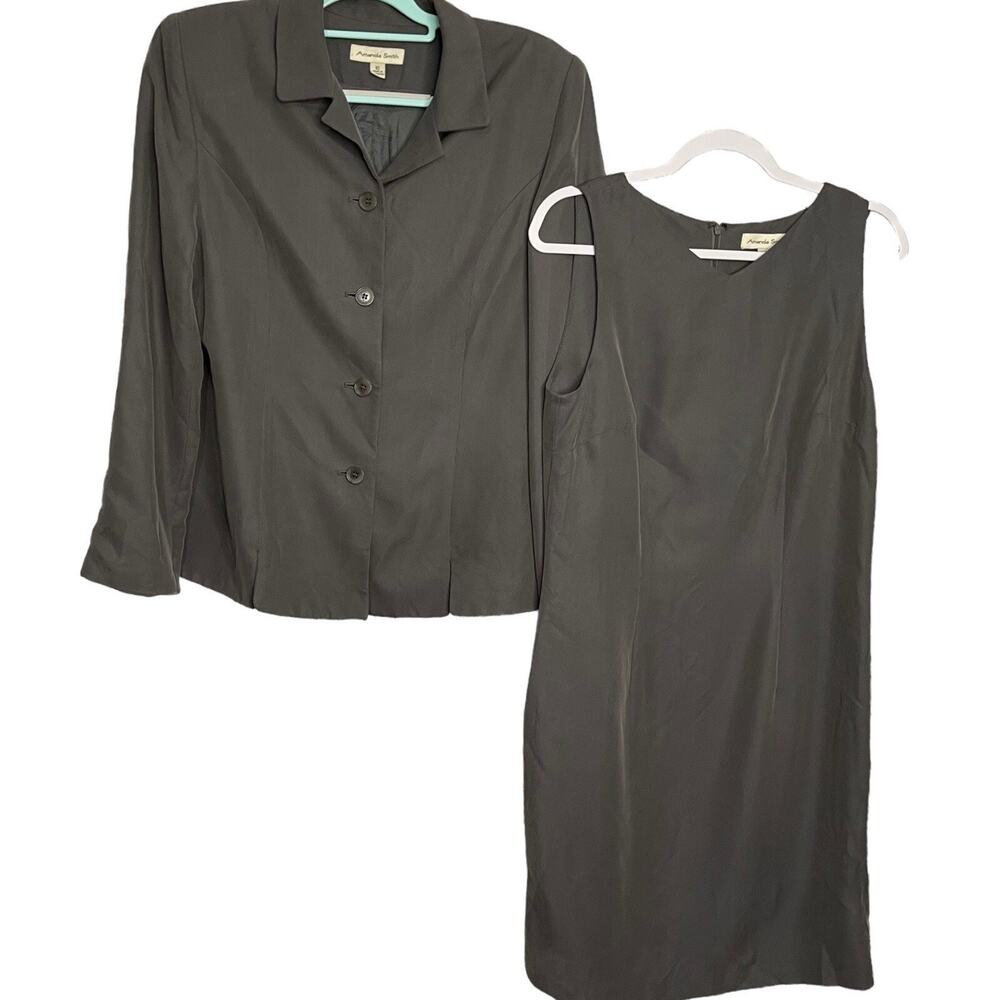 VTG Amanda Smith Sheath Dress Set Womens 10 Gray Blazer Modest Business Corpcore